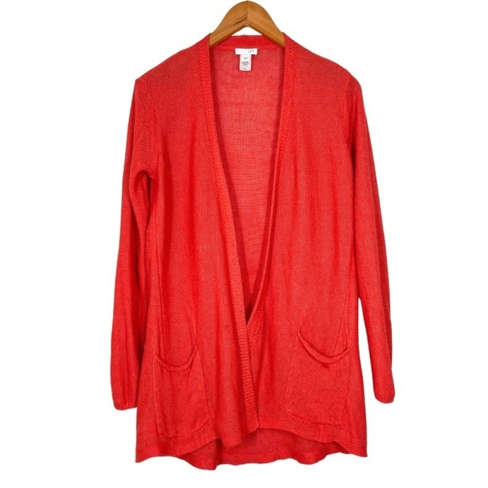J. Jill Coral Orange Linen Blend Open Front Cardigan Sweater Womens XS Pockets